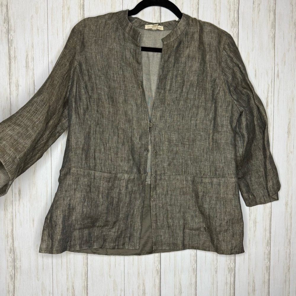 Eileen Fisher Taupe Linen Blend Button-Up Jacket
